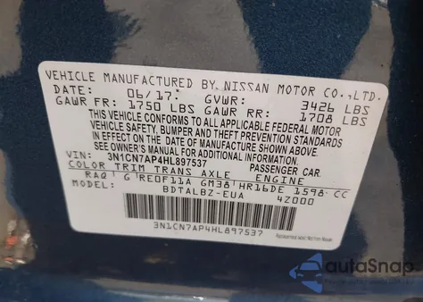 2017 Nissan Versa 1.6 Sv from USA, damaged, VIN 3N1CN7AP4HL897537
